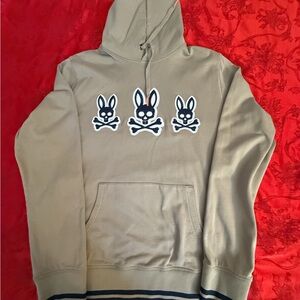 Psycho Bunny Men's Khaki Hoodie with Triple Bunny Skull Patches